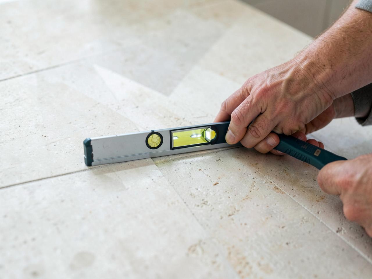 Checking the level and finish of large-format floor tiles
