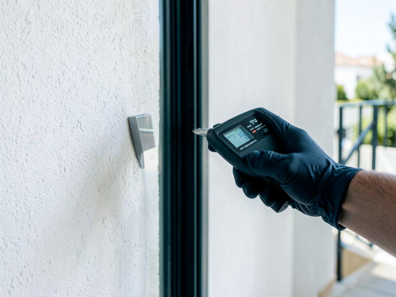 Moisture meter checking a wall beside a terrace frame