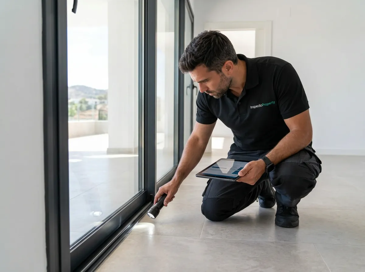 Inspector de InspectoProperty revisando la unión del marco de una puerta corredera con una linterna y una tablet en una vivienda de obra nueva