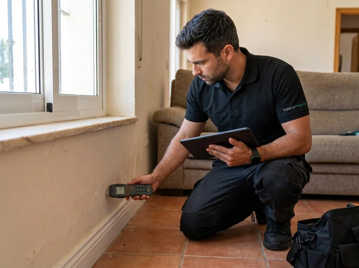 Inspector de InspectoProperty comprobando la humedad de una pared junto a una ventana con un medidor Bosch